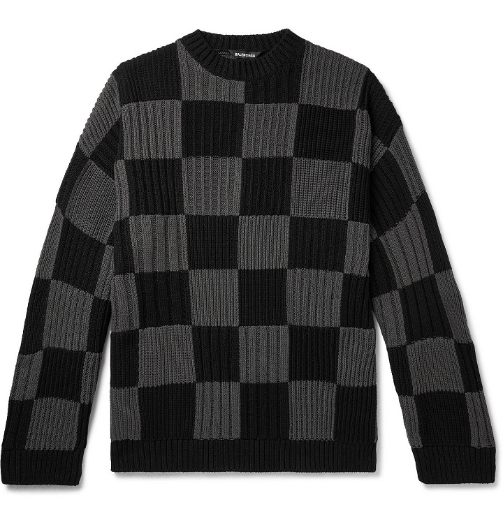Photo: BALENCIAGA - Checked Ribbed Cotton Sweater - Black