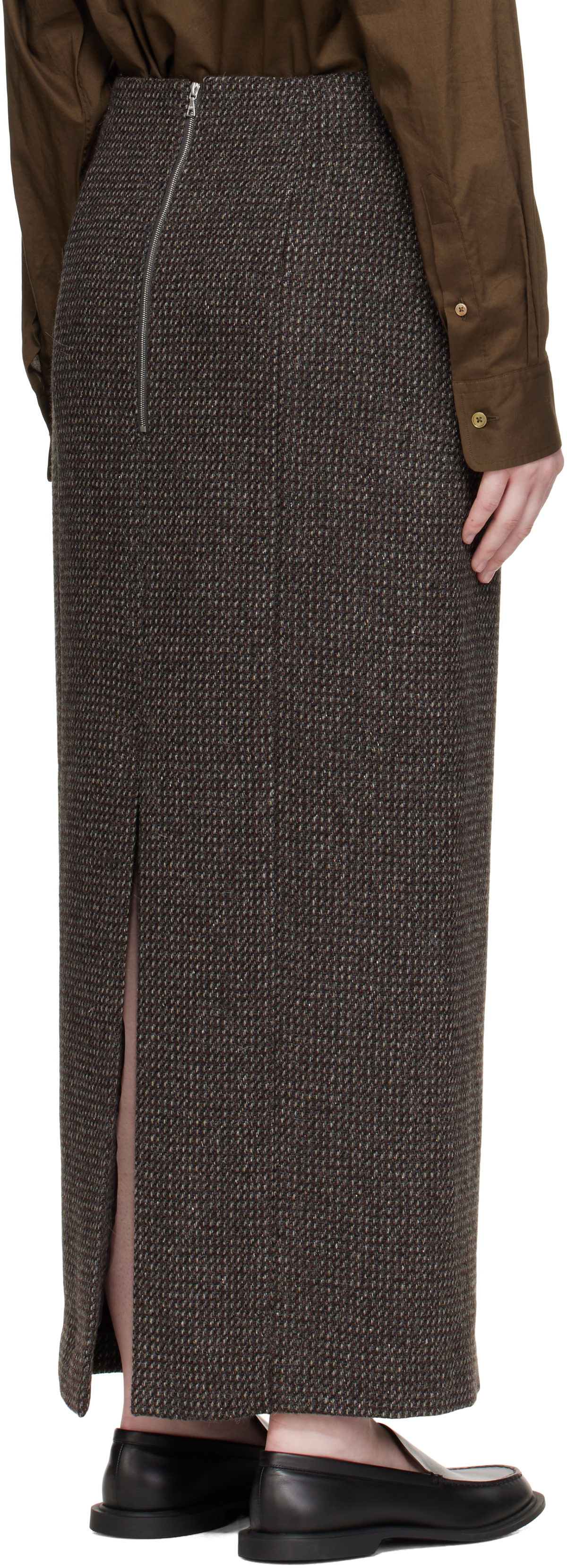 AURALEE Brown & Gray Alpaca Wool Silk Tweed Pencil Maxi Skirt