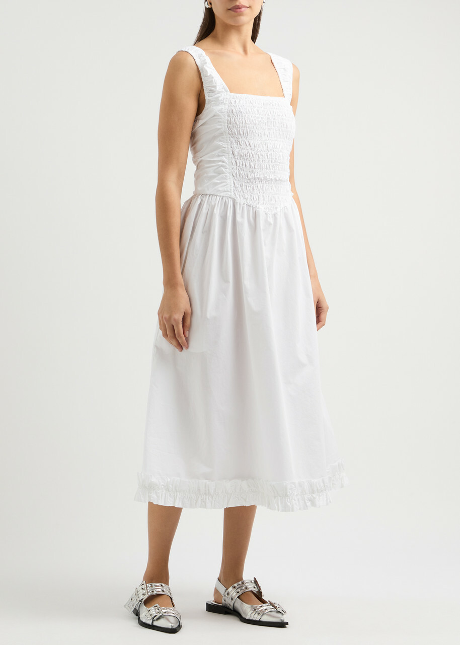 【GANNI】プリントコットンワイドミディドレス GANNI クレープ ミディラップドレス ポルカドット | THE OUTNET