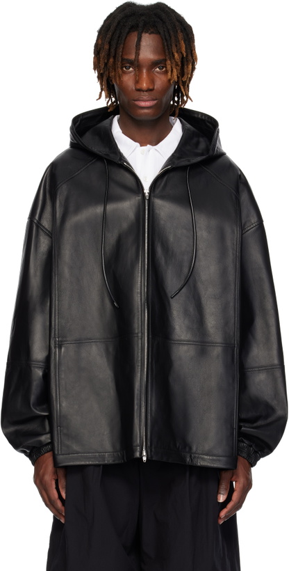 Photo: Juun.J Black Hood Zip-Up Leather Jacket