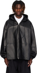Juun.J Black Hood Zip-Up Leather Jacket
