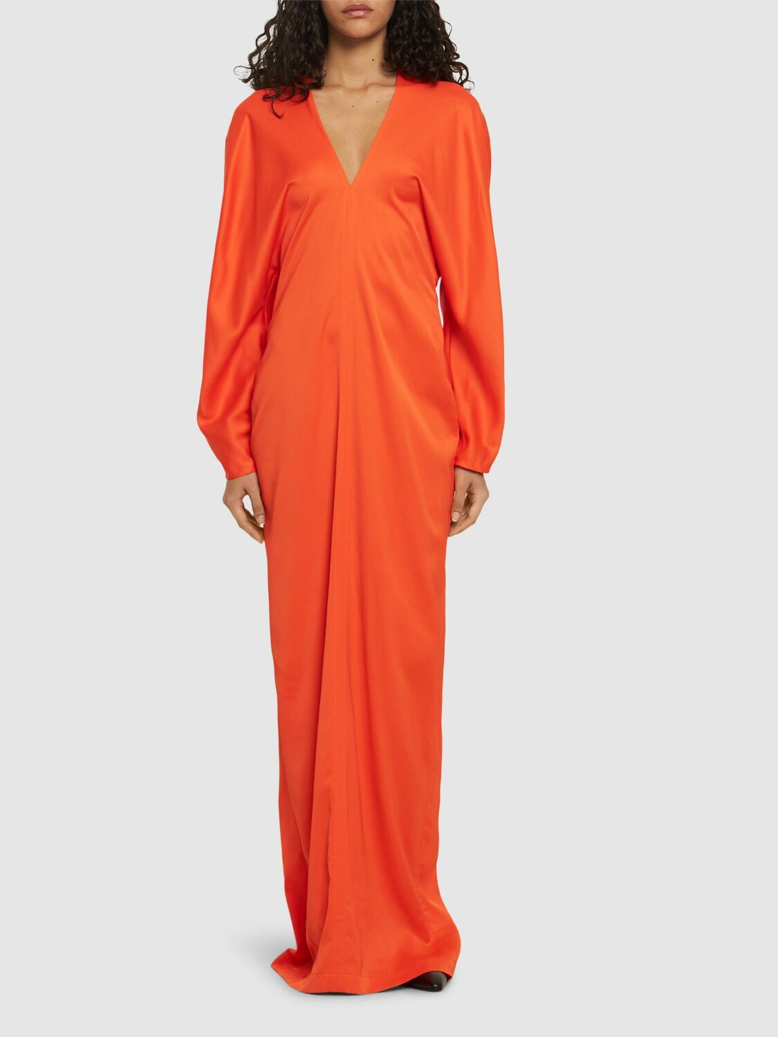 【関税&送料込】Salvatore Ferragamo Stretch Viscose Blend Bo FERRAGAMO - Stretch Viscose Satin V-neck Long Dress