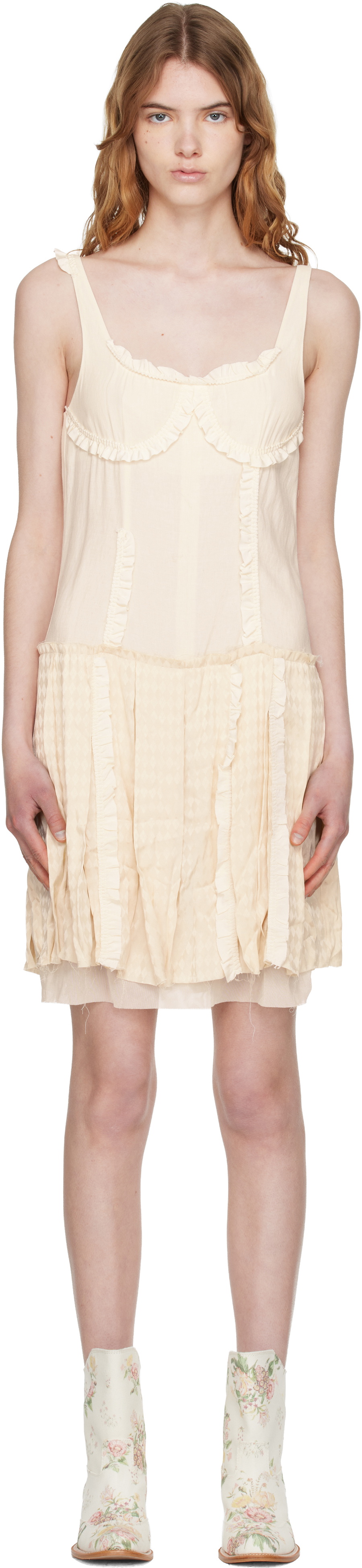 OPEN YY Off-White Flapper Pleats Midi Dress