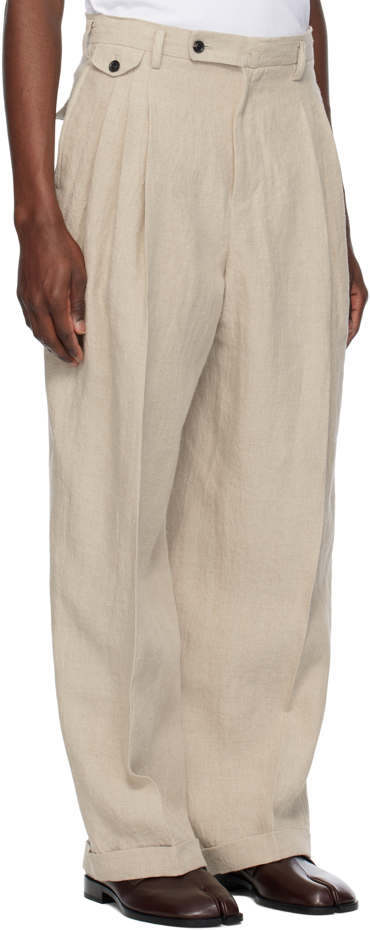 SOSHIOTSUKI Beige Linen Washer 3 Tuck Trousers