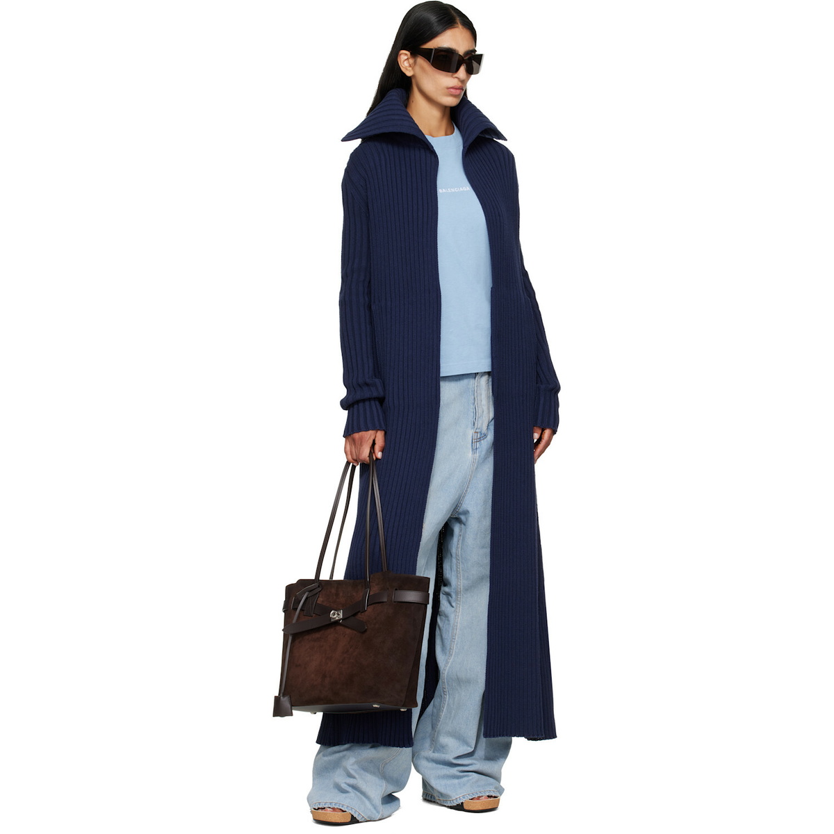 Balenciaga Navy Cotton Mix Thick Ribs Maxi Cardigan