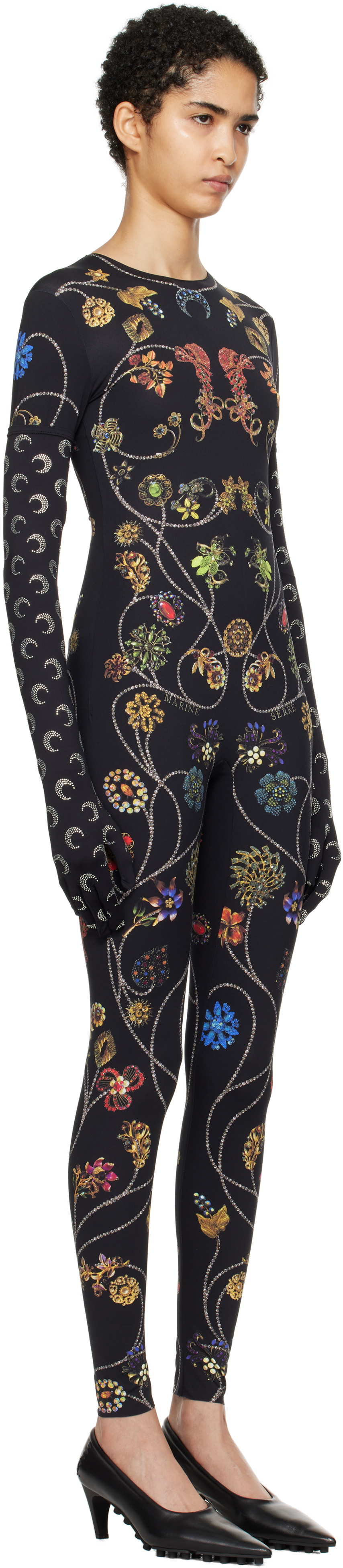 Marine Serre Black Floral Jewelry Printed Jersey Bodysuit