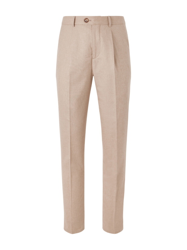 Photo: Brunello Cucinelli - Tapered Pleated Virgin Wool, Cashmere and Silk-Blend Flannel Trousers - Brown