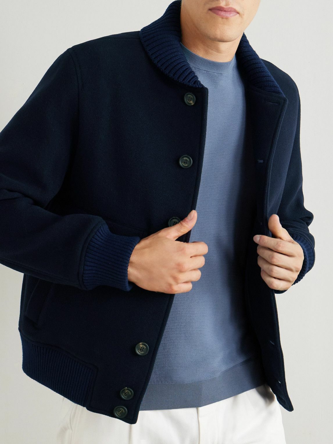Eleventy - Slim-Fit Ribbed-Knit Trimmed Wool-Blend Bomber Jacket - Blue