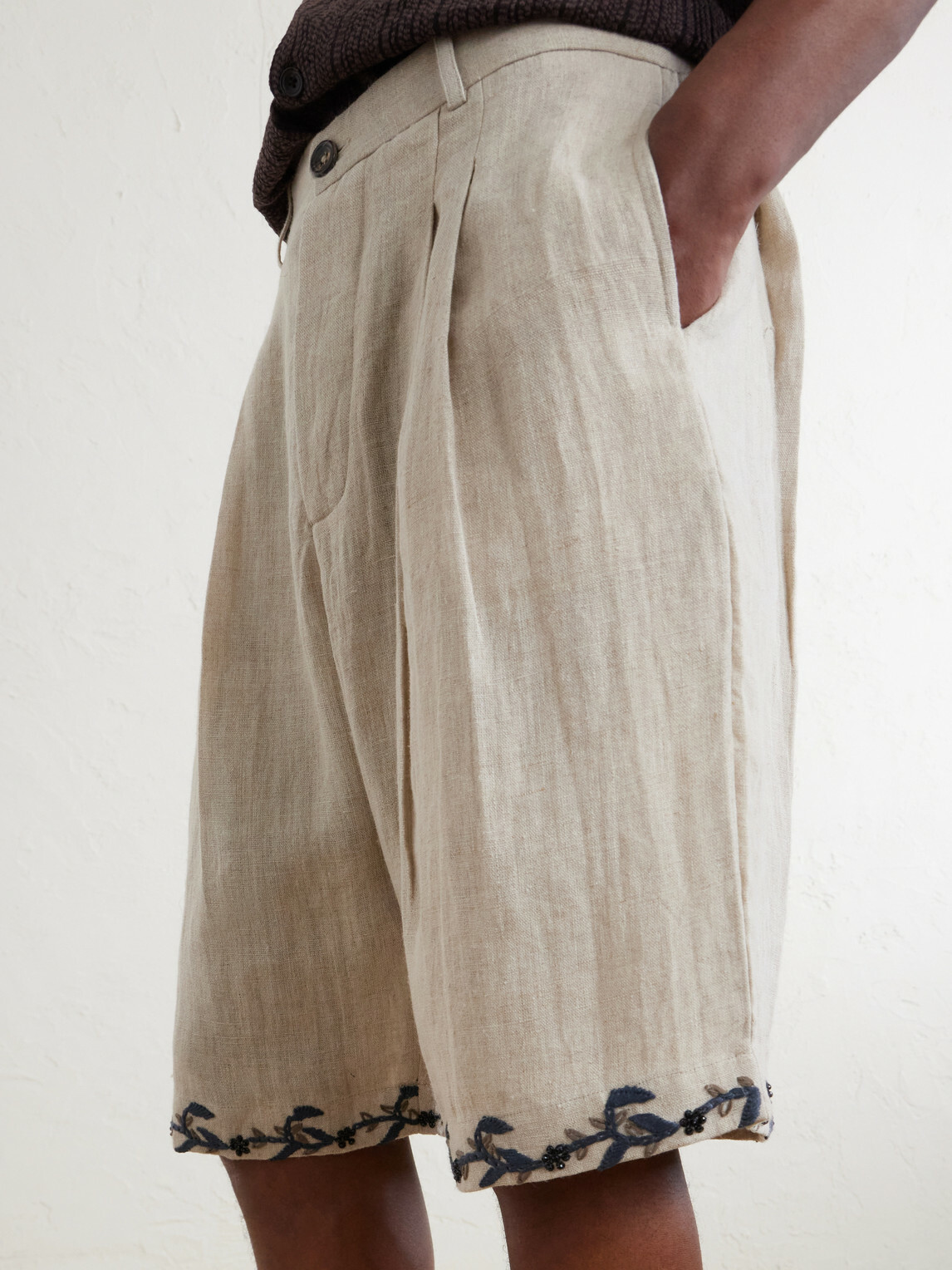 Kartik Research - Straight-Leg Pleated Embroidered Linen Shorts - Neutrals