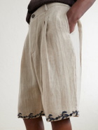 Kartik Research - Straight-Leg Pleated Embroidered Linen Shorts - Neutrals