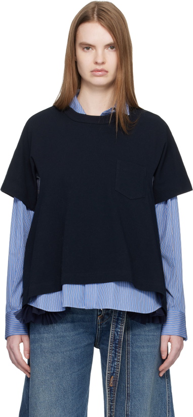 Photo: sacai Navy Light Weight Denim & Cotton Jersey T-shirt