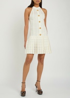 Balmain Checked Pleated Stretch-knit Mini Dress Natural