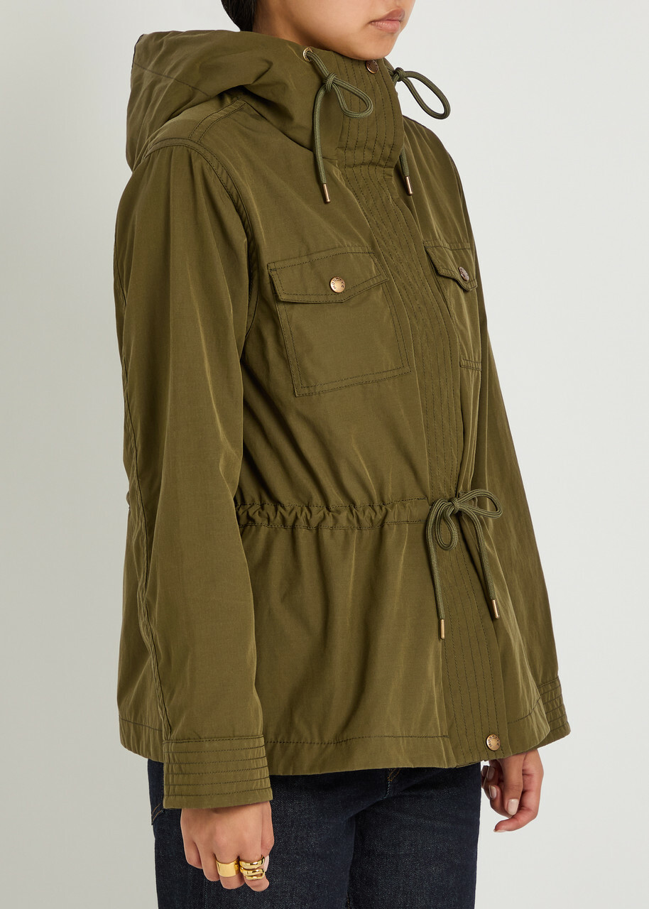 Moncler Serin Hooded Drawstring Waxed Poplin Parka Jacket Olive