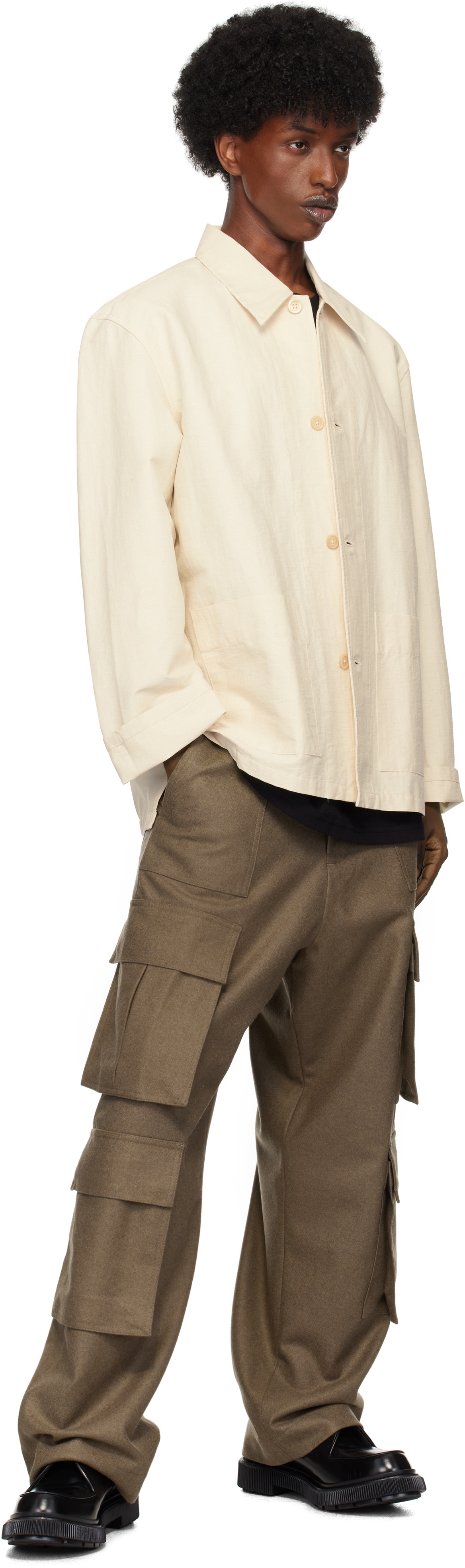 Lownn Taupe Flannel Wool Long Cargo Pants