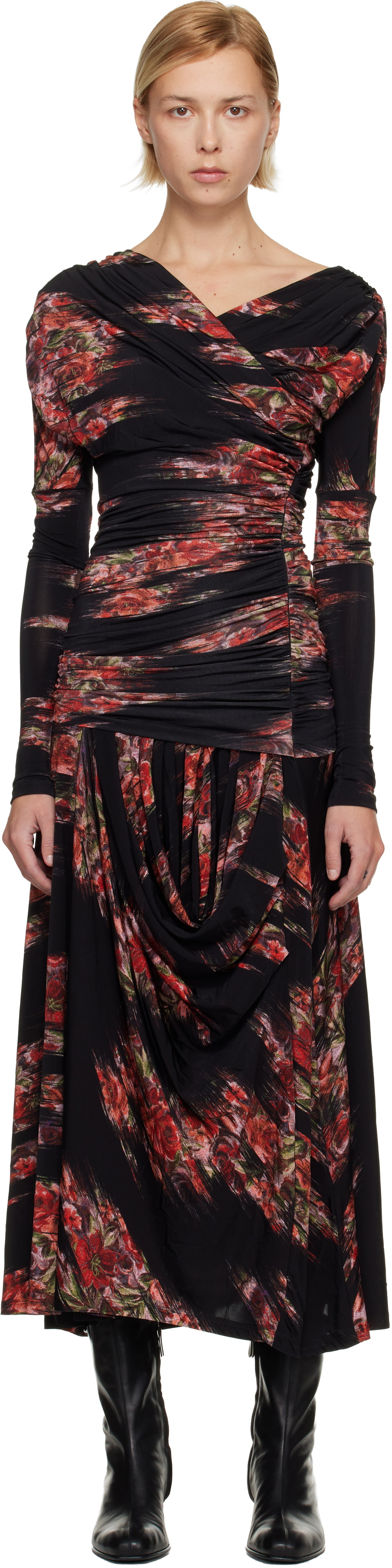 GANNI Black Floral Ruched Maxi Dress