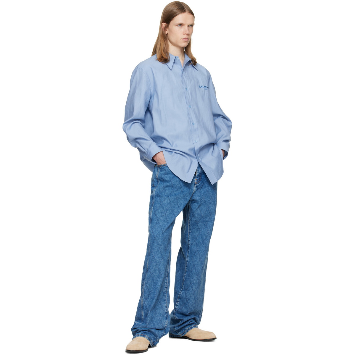BALMAIN Blue Herringbone Poplin Regular Shirt