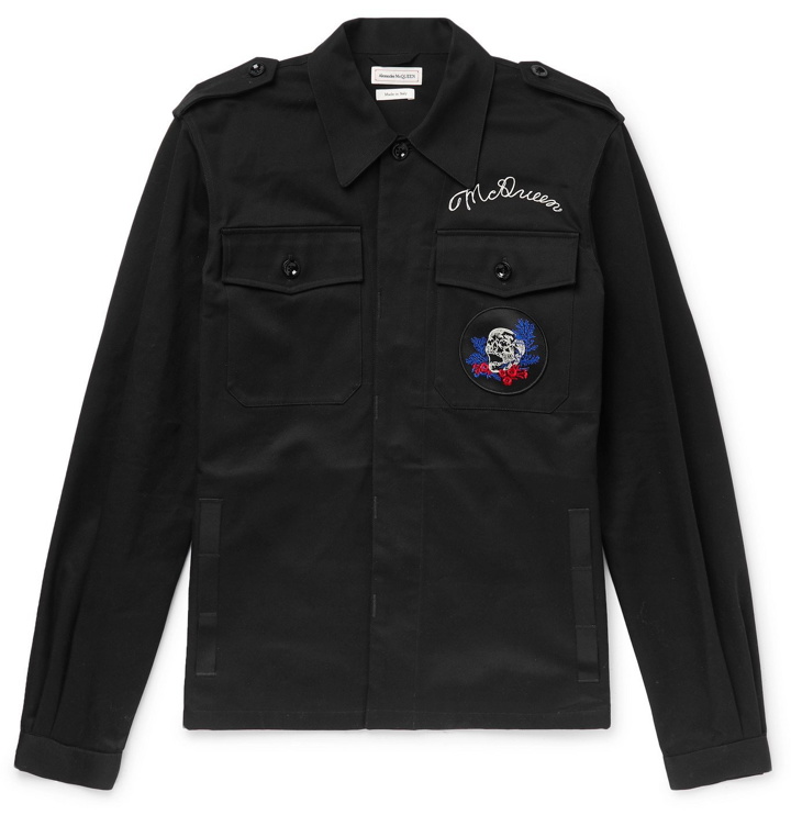 Photo: Alexander McQueen - Slim-Fit Appliquéd Logo-Embroidered Cotton-Gabardine Jacket - Black