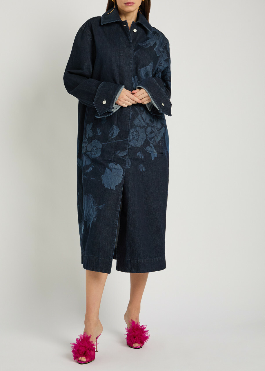 Erdem Floral-print Denim Coat Indigo