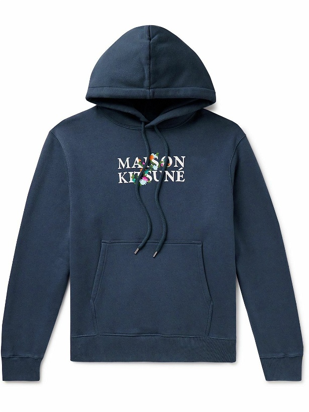 Photo: Maison Kitsuné - Logo-Print Embroidered Cotton-Jersey Hoodie - Blue