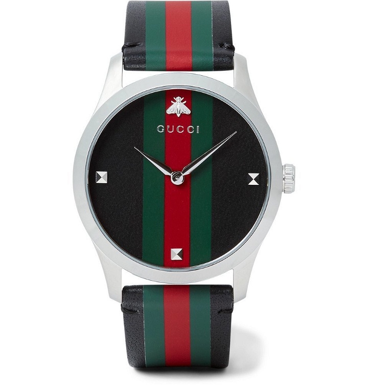 Photo: Gucci - G-Timeless 38mm Stainless Steel and Striped Leather Watch - Men - Black
