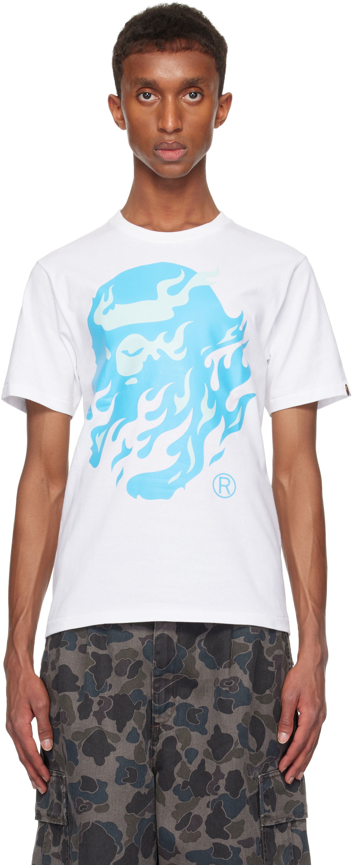 BAPE White & Blue Flame Ape Head T-shirt A Bathing Ape