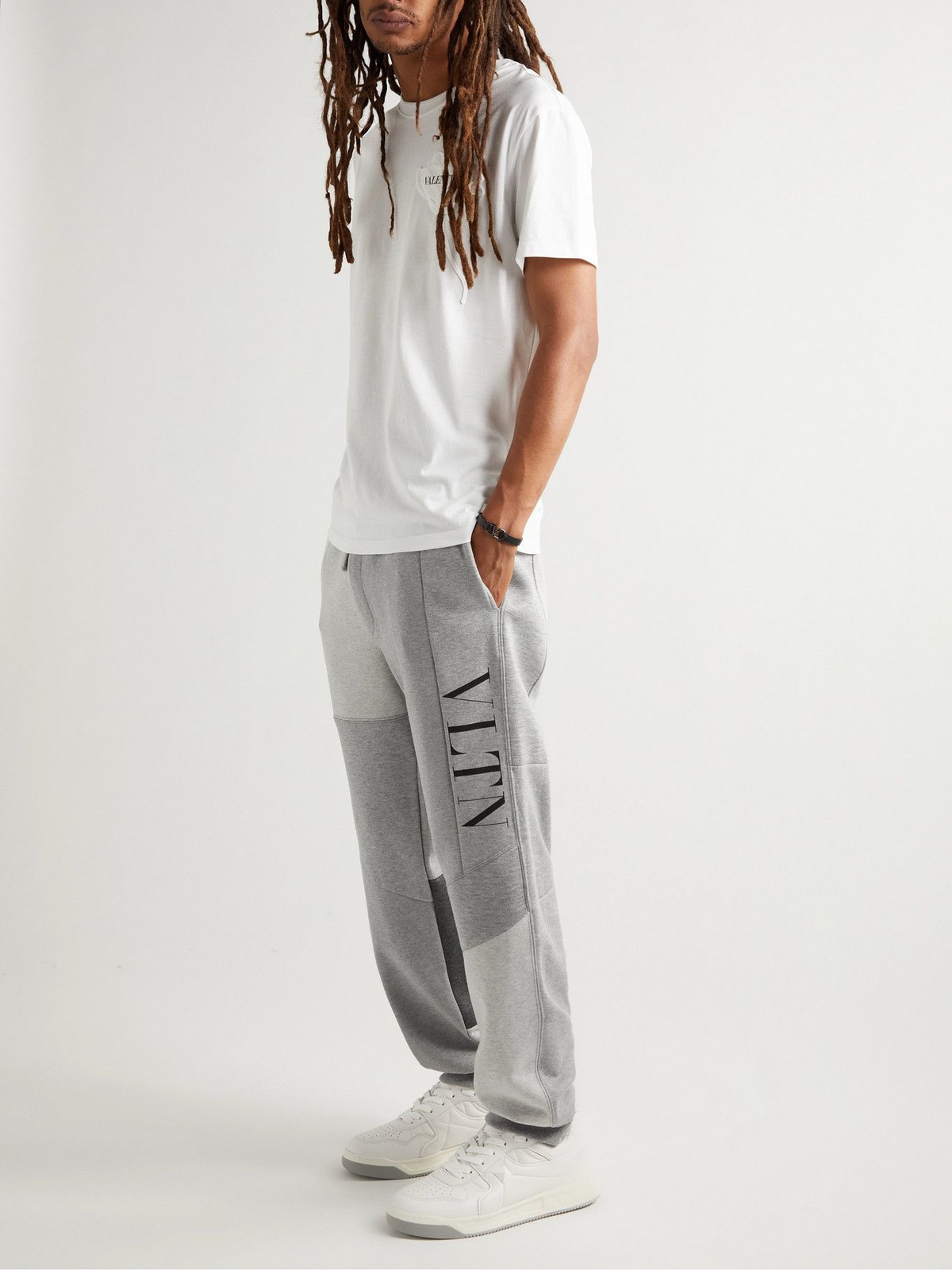 Valentino - Tapered Patchwork Logo-Print Cotton-Blend Jersey Sweatpants -  Gray Valentino