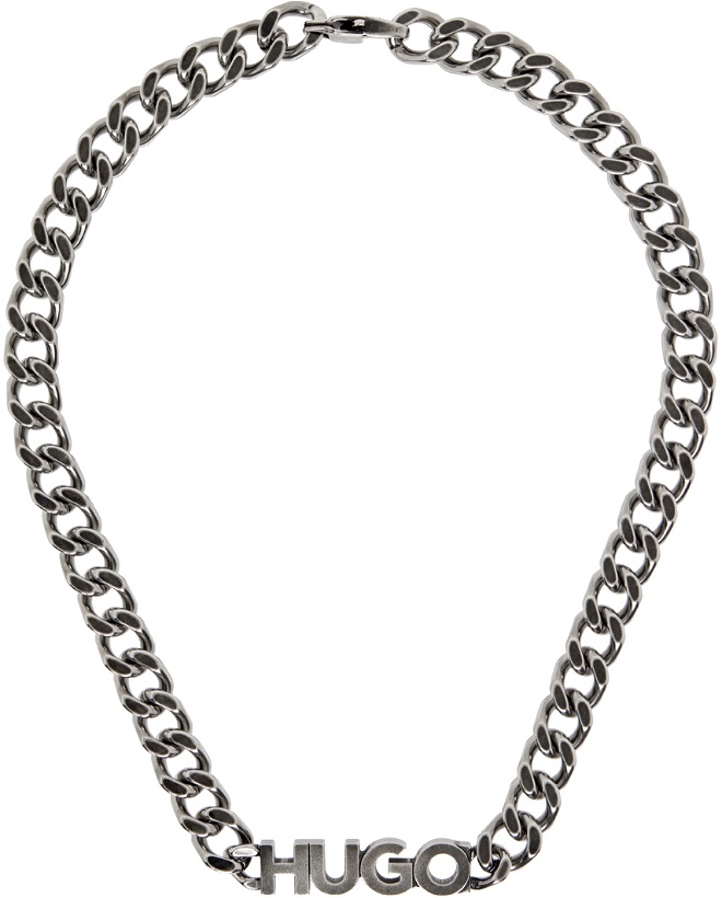 Photo: Hugo Gunmetal Logo Plaque Necklace