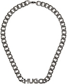 Hugo Gunmetal Logo Plaque Necklace