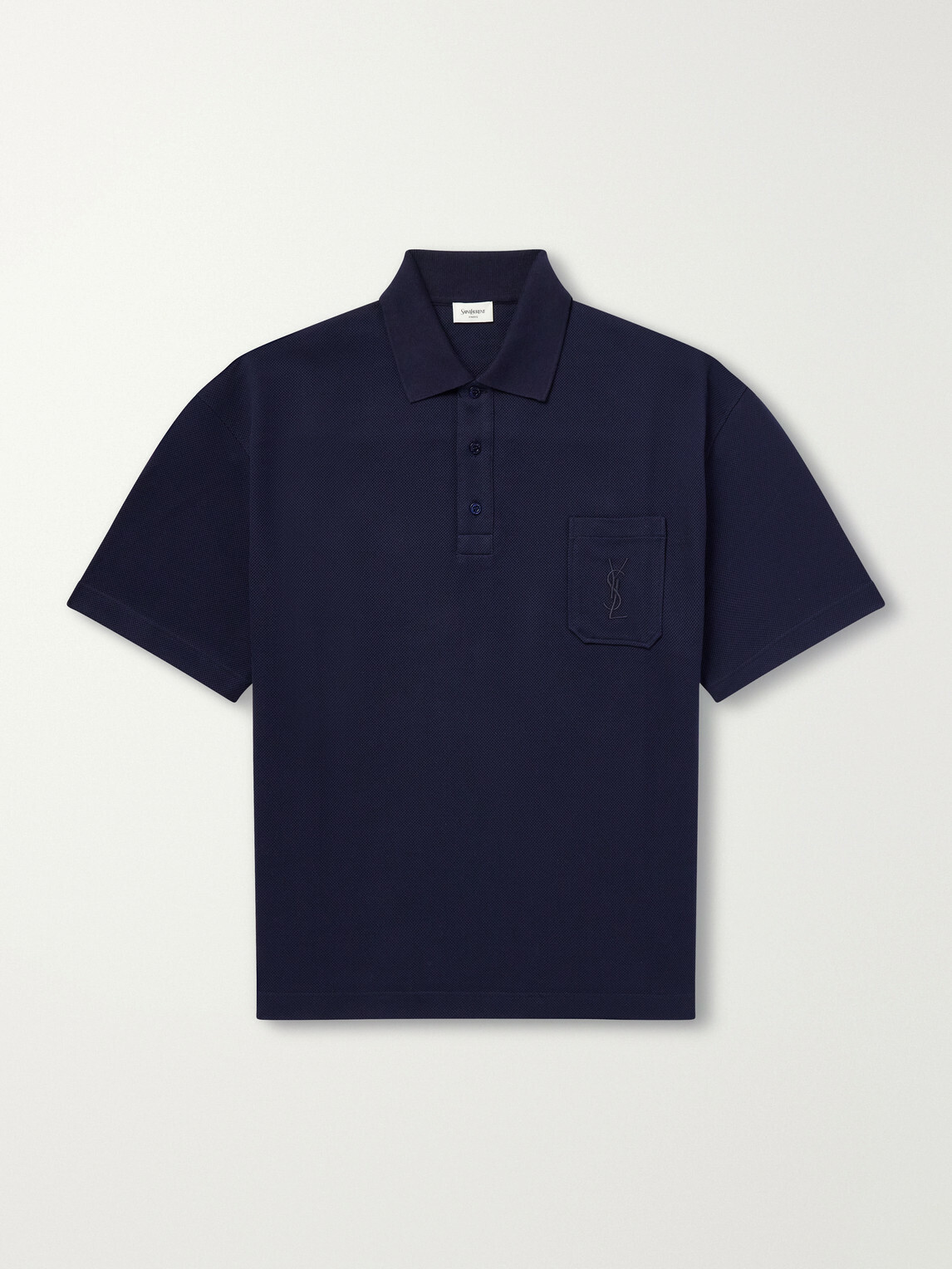 SAINT LAURENT - Cassandre-Embroidered Cotton-Piqué Polo Shirt - Blue