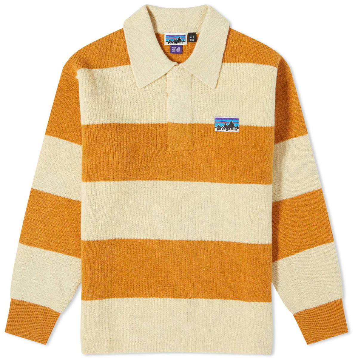 Photo: Patagonia 50th Anniversary Recycled Wool Rugby Knit in Rugby Stripe: Dried Mango