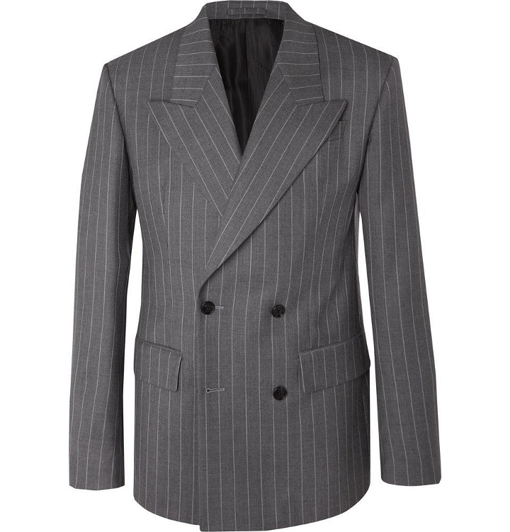 Photo: Versace - Grey Oversized Double-Breasted Pinstriped Wool Suit Jacket - Gray