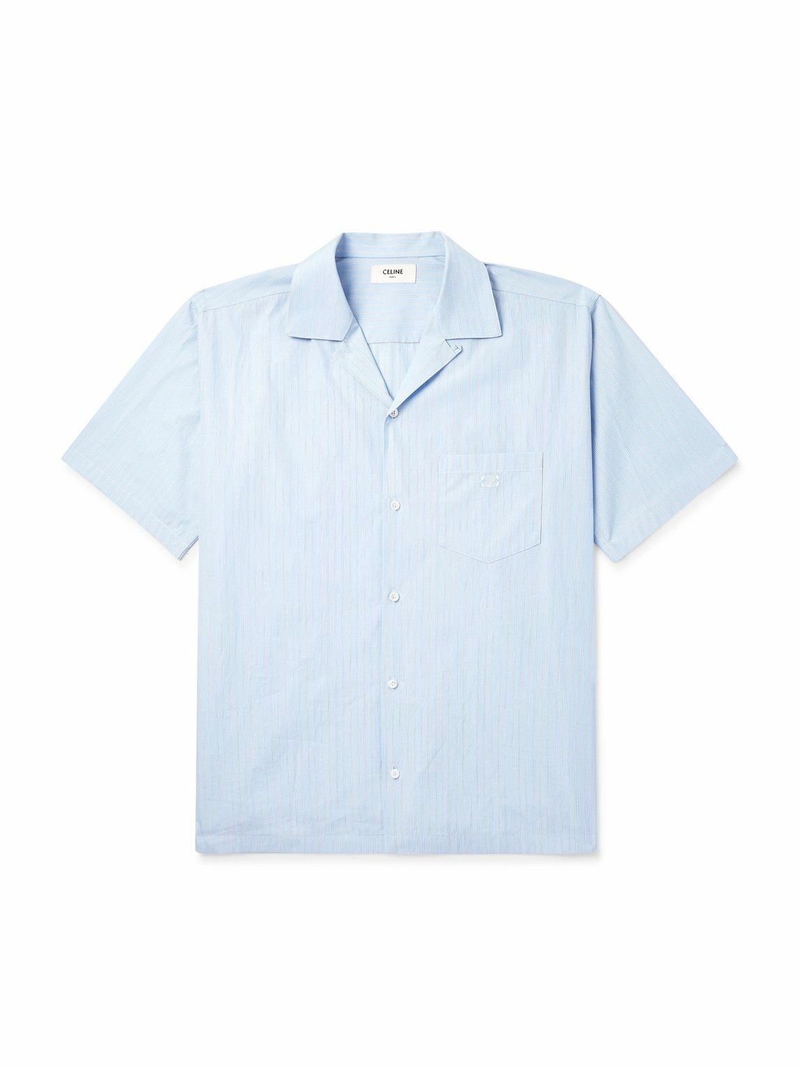 CELINE - Convertible-Collar Logo-Embroidered Striped Cotton-Poplin Shirt - Blue