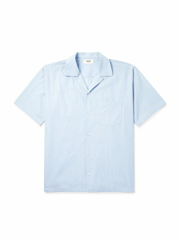 Photo: CELINE - Convertible-Collar Logo-Embroidered Striped Cotton-Poplin Shirt - Blue