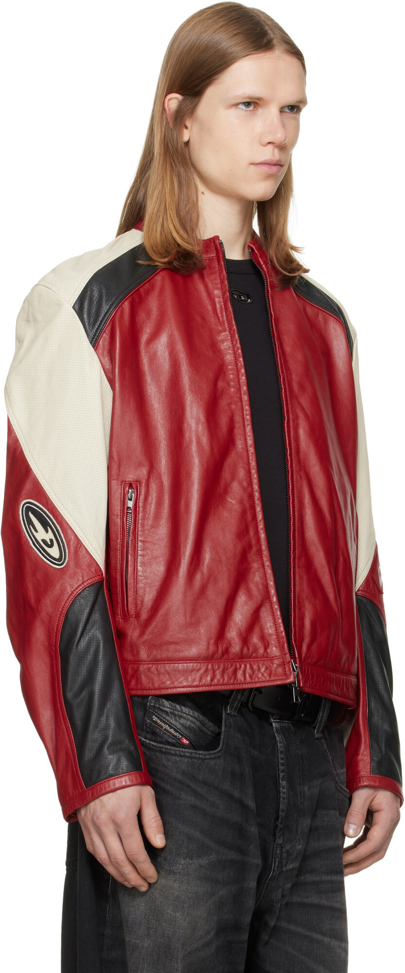 Diesel Red Colour-Block Perforated Leather Biker Jacket