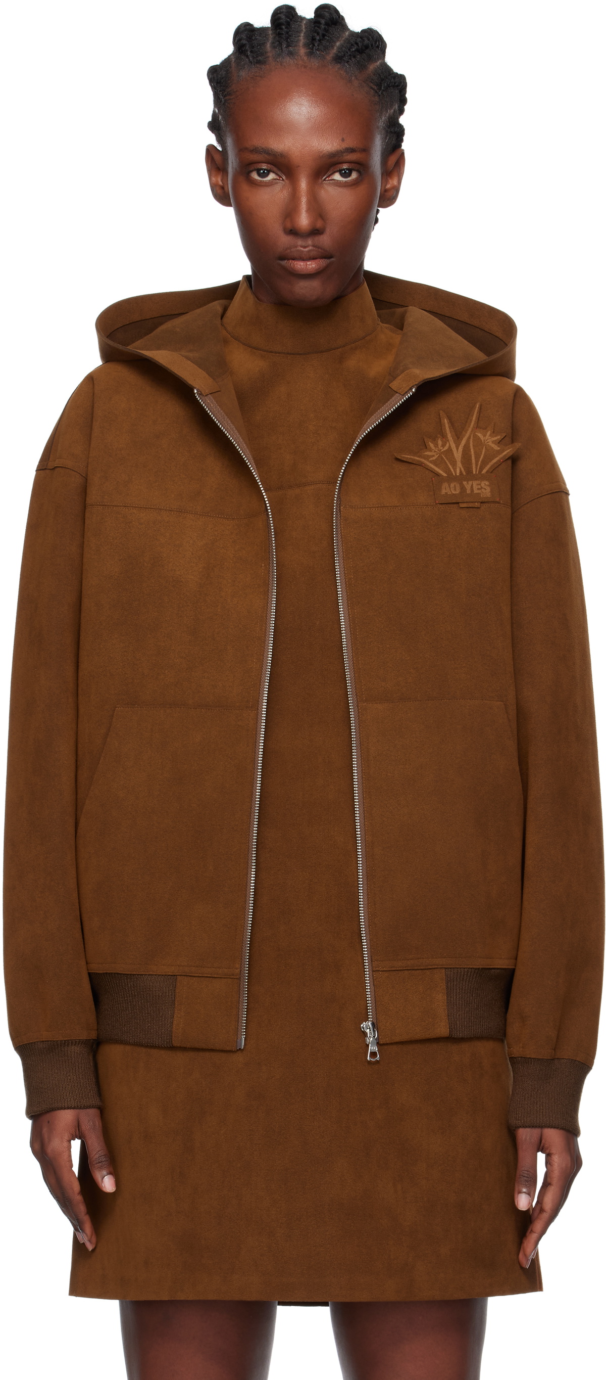 AO Yes Brown Hooded Faux-Suede Jacket