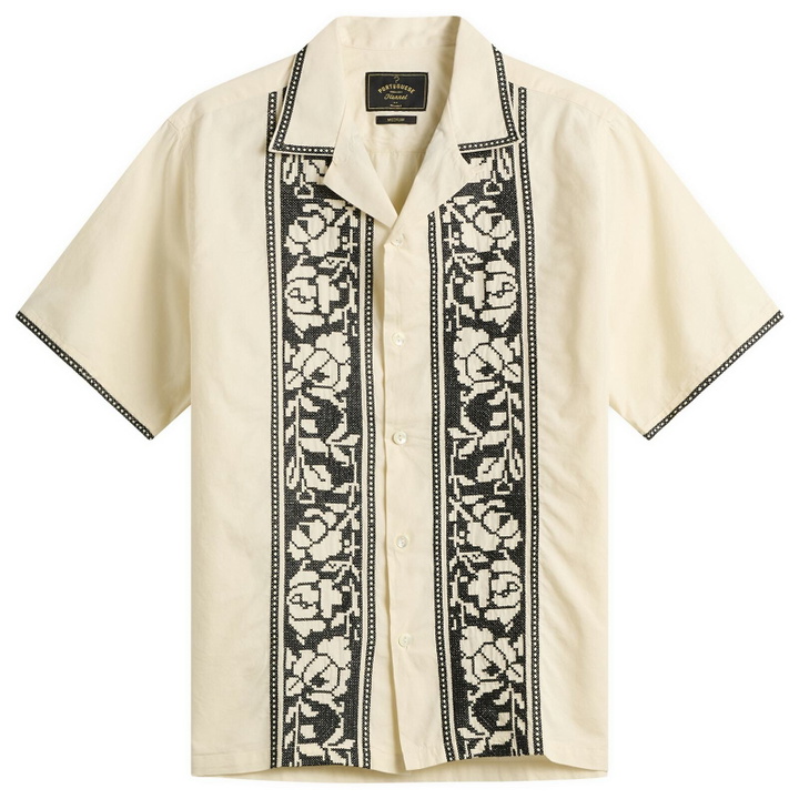 Photo: Portuguese Flannel Men's Cross Stitch Vacation Shirt in Ecru