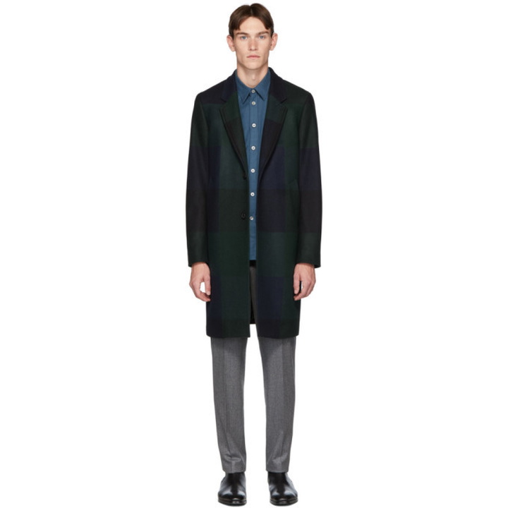 Photo: PS by Paul Smith Navy and Green Check Two-Button Epsom Coat
