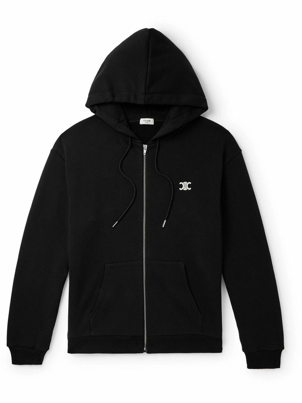 Photo: CELINE - Logo-Embroidered Cotton and Cashmere-Blend Zip-Up Hoodie - Black