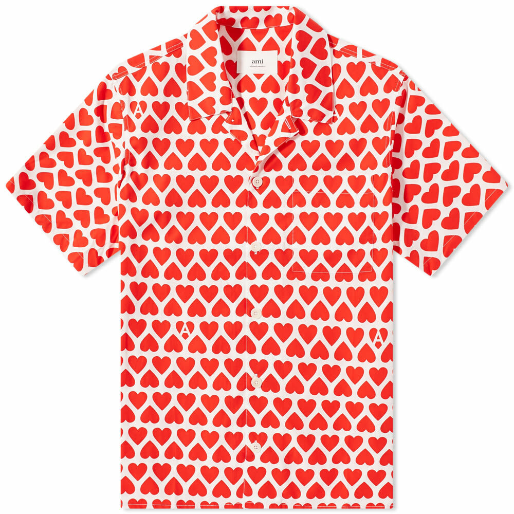 AMI Men's Heart Print Vacation Shirt in Scarlet Red/White AMI