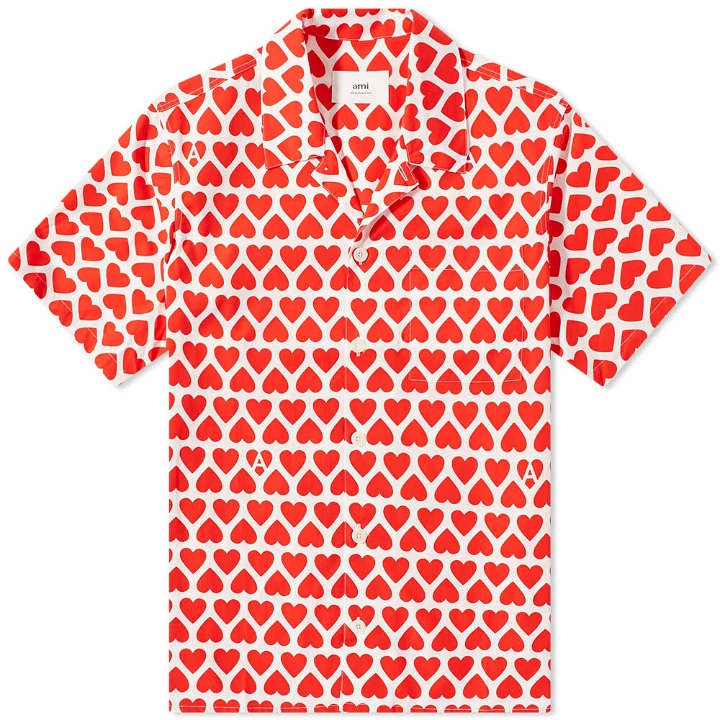 Photo: AMI Men's Heart Print Vacation Shirt in Scarlet Red/White