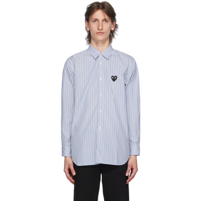 Photo: Comme des Garcons Play Blue Striped Heart Patch Shirt