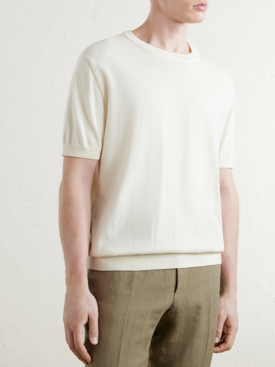 J MUESER - Knitted Cotton T-Shirt - Neutrals