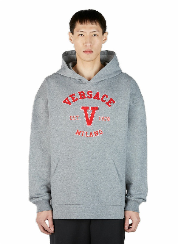 Photo: Versace - Varsity Logo Patch Hooded Sweatshirt in Grey