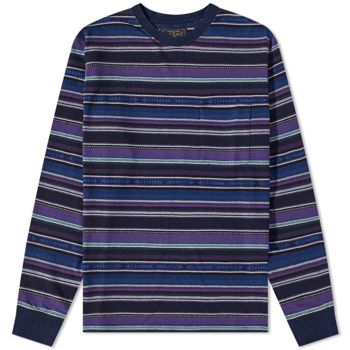 Photo: Beams Plus Men's Long Sleeve Indigo Native Stripe T-Shirt in Purple