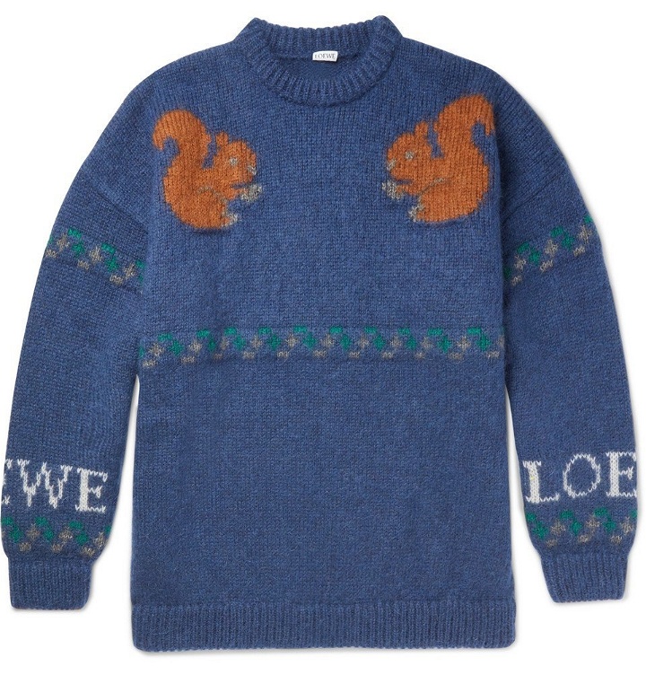 Photo: Loewe - Oversized Jacquard-Knit Mohair-Blend Sweater - Men - Blue