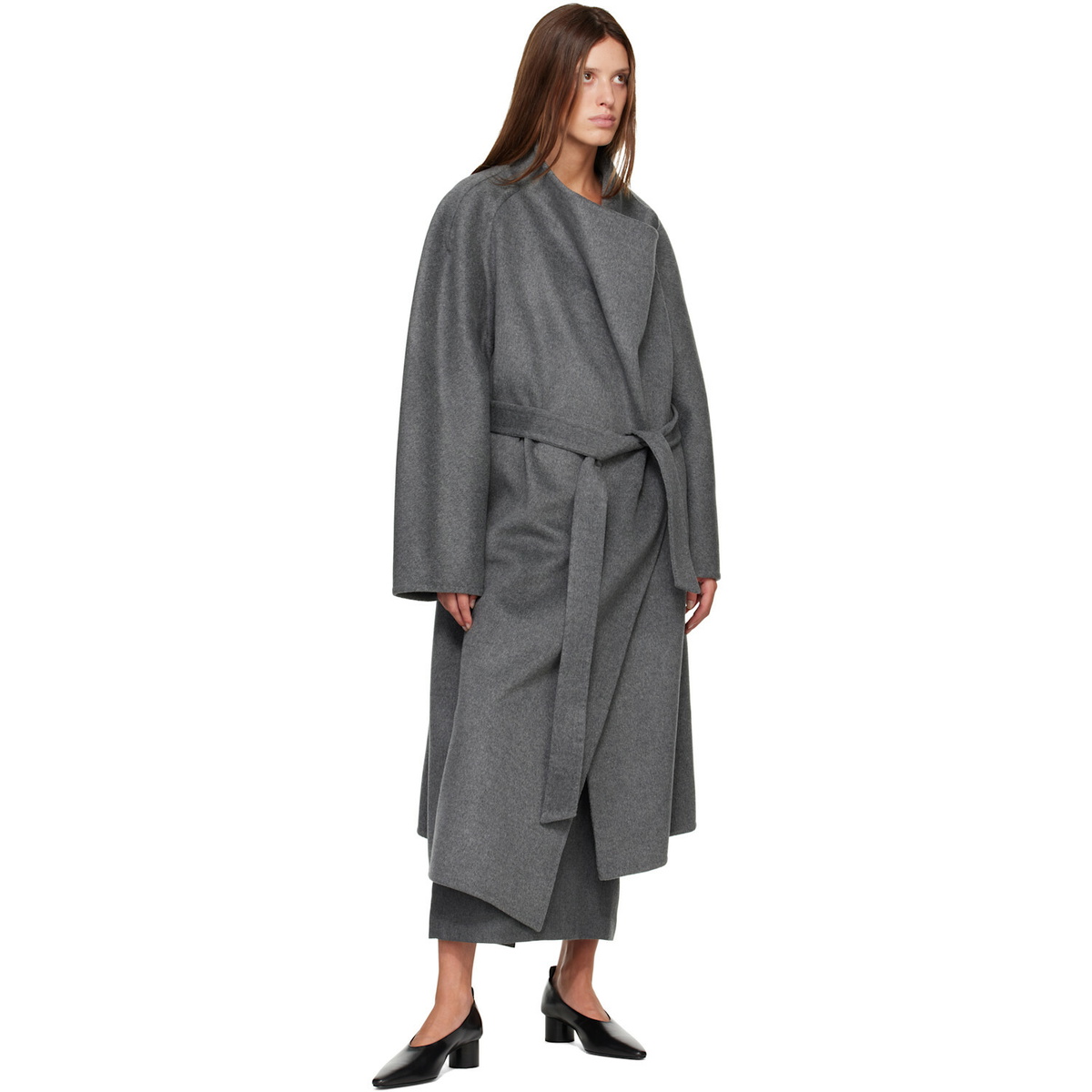 R2W Gray Porin Draped Button Wool Cash Coat