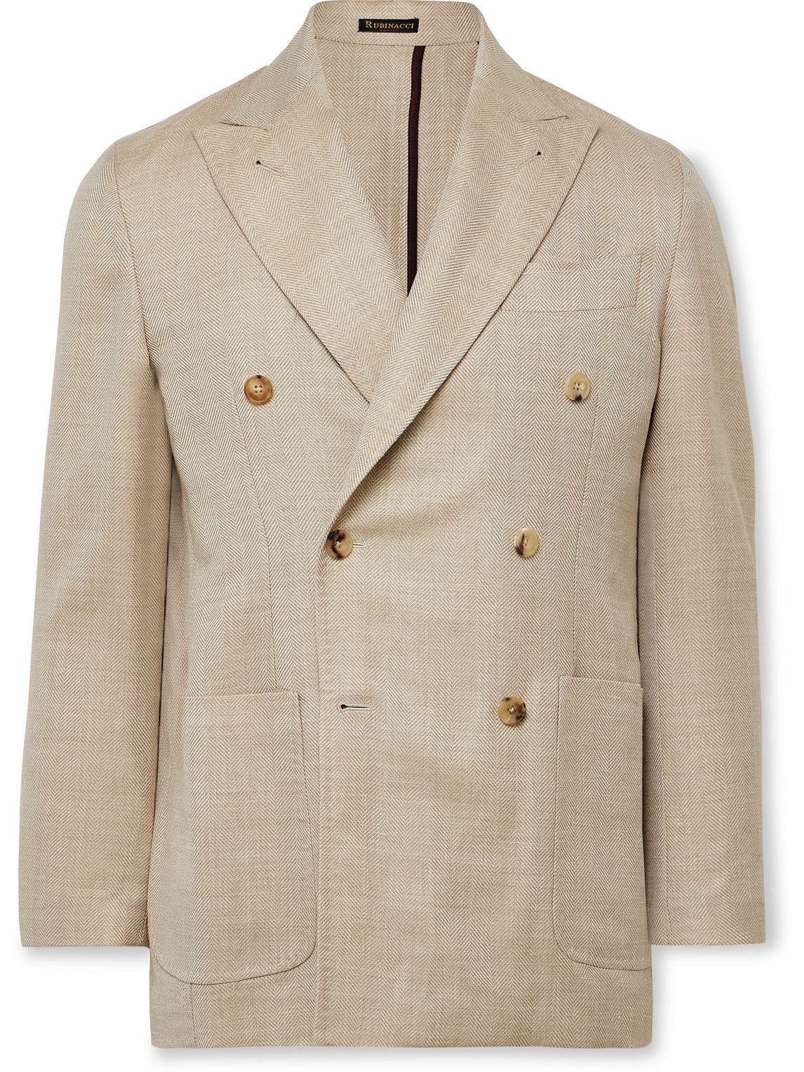 Rubinacci - Unstructured Double-Breasted Herringbone Virgin Wool, Silk and Linen-Blend Blazer - Neutrals