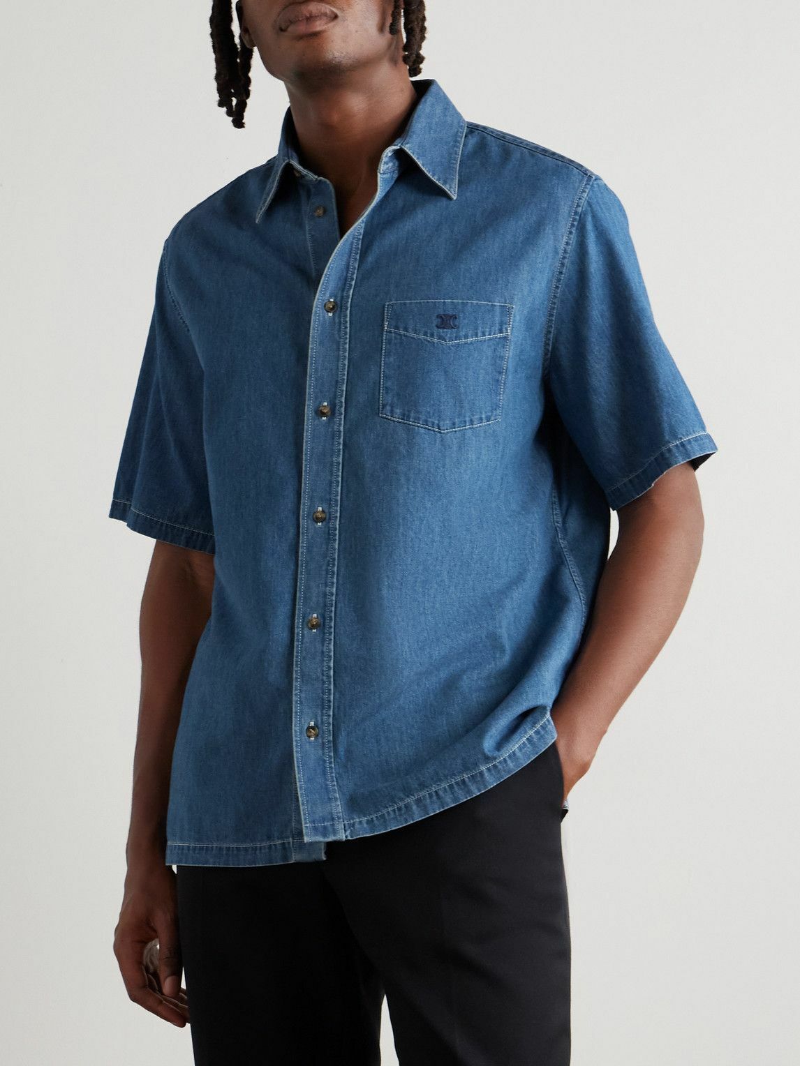 CELINE - Logo-Embroidered Denim Shirt - Blue
