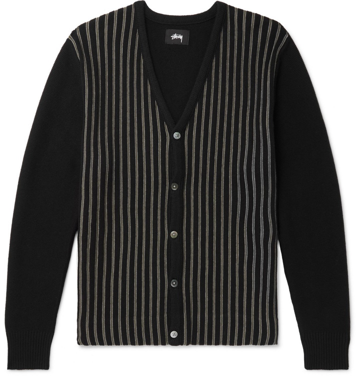 Photo: Stüssy - Striped Cotton and Merino Wool-Blend Cardigan - Black