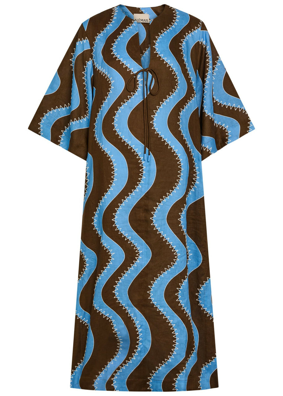 Alemais Frankie Wavy-print Linen Midi Dress Blue